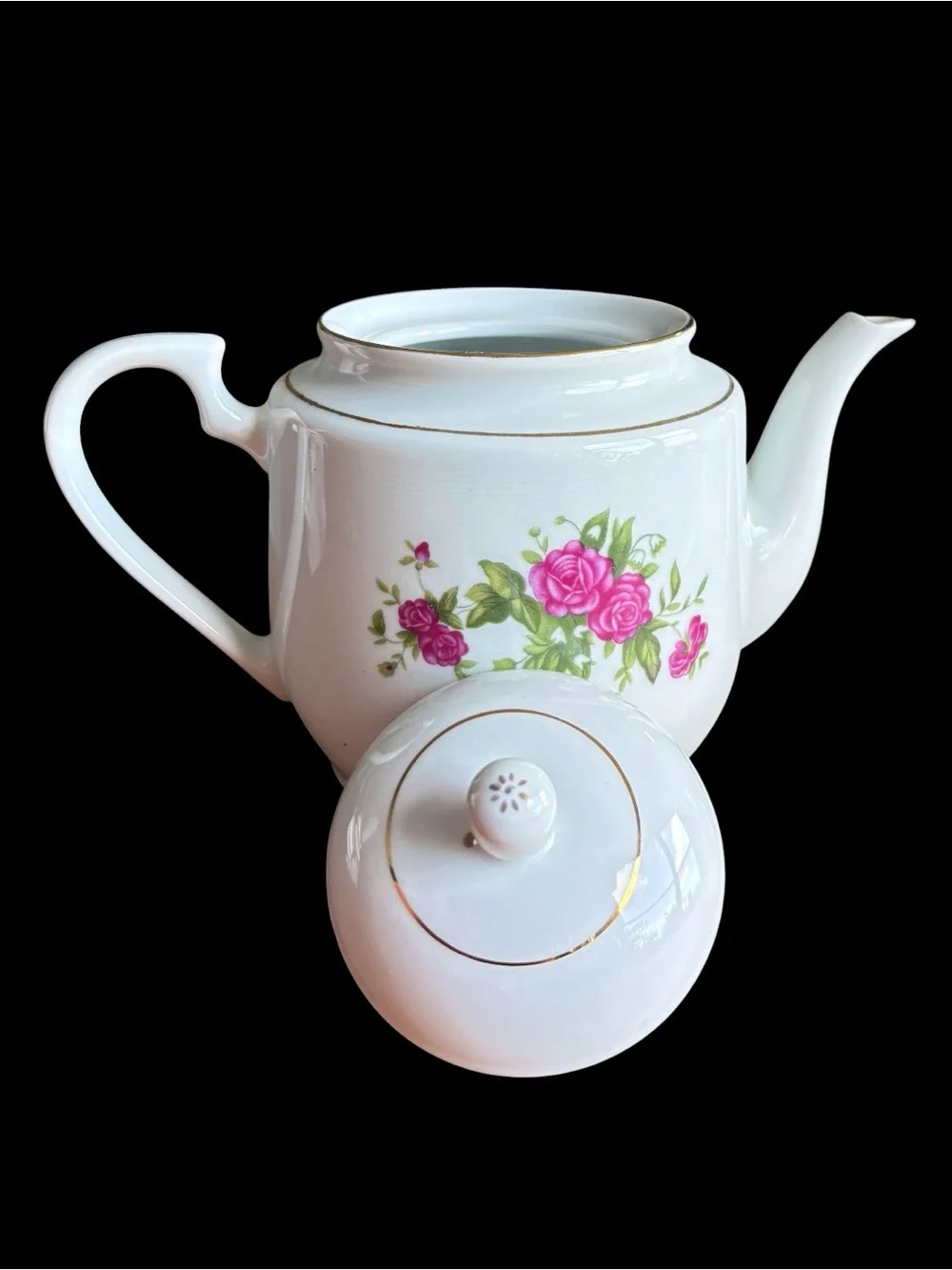 Vintage Porcelain Teapot, Pink Roses Gold Trim, Cottagecore Tea Decor (4 Cup)